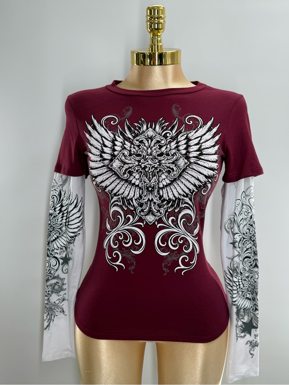 Burgundy Y2K Rhinestone Winged Cross Faux Layered Top NWOT